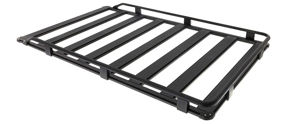 A black metal roof rack with guardrails.