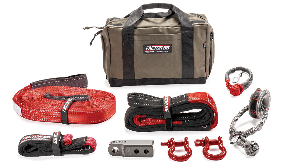 Factor55 red and tan recovery kit includes red tow hooks and rope.