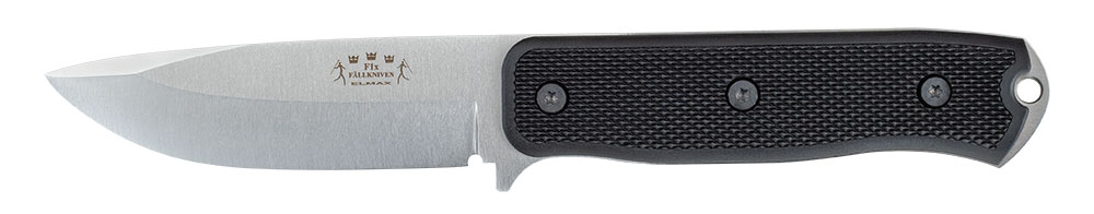 Fällkniven F1x Elmax fixed-blade knife with silver blade and black handle.