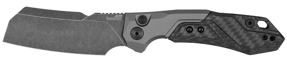 Kershaw Launch 14 knife with gray cleaver blade and black handle.