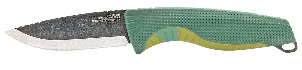 SOG Aegis FX fixed blade knife with Forest & Moss colored handle and gray blade.