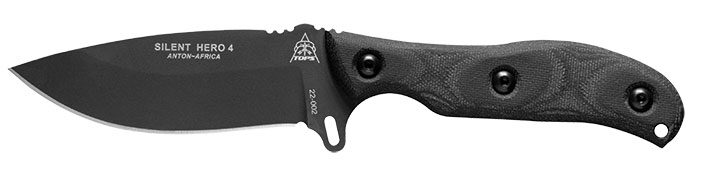 Tops Knives Silent Hero 4 knife with black handle and blade.