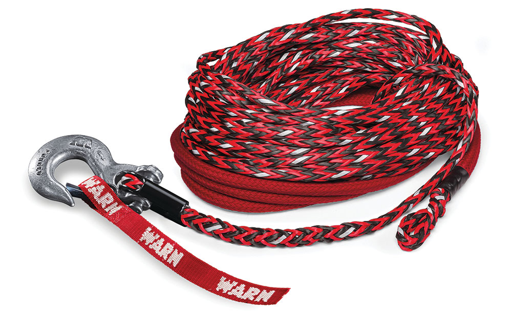 Red WARN branded rope with metal hook on the end, coiled in a circle.