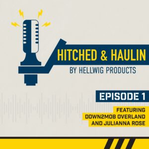 Cover design in blue and yellow for Hitched and Haulin overland podcast.