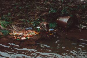 Overlanders pick up and pack out trash from a body of water.