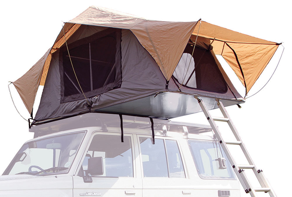 Gray roof top tent with tan rainfly and ladder.