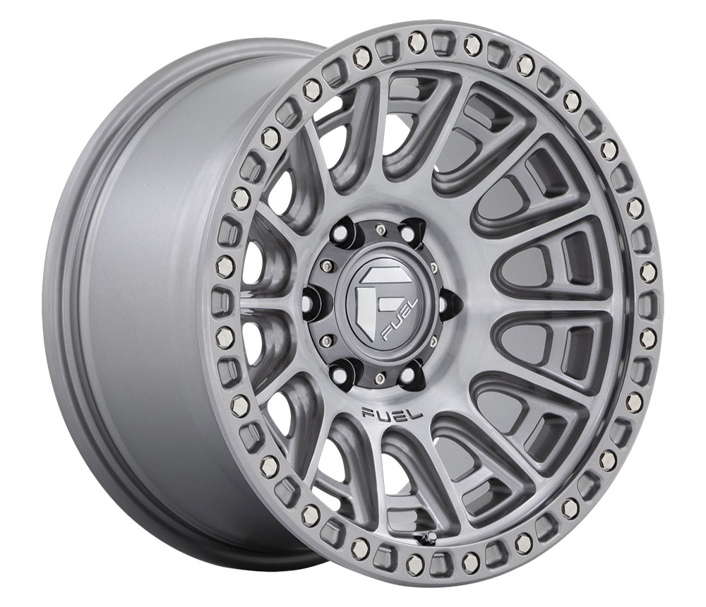 Fuel Off-Road Fuel Cycle wheel in matte platinum with beadlock ring.