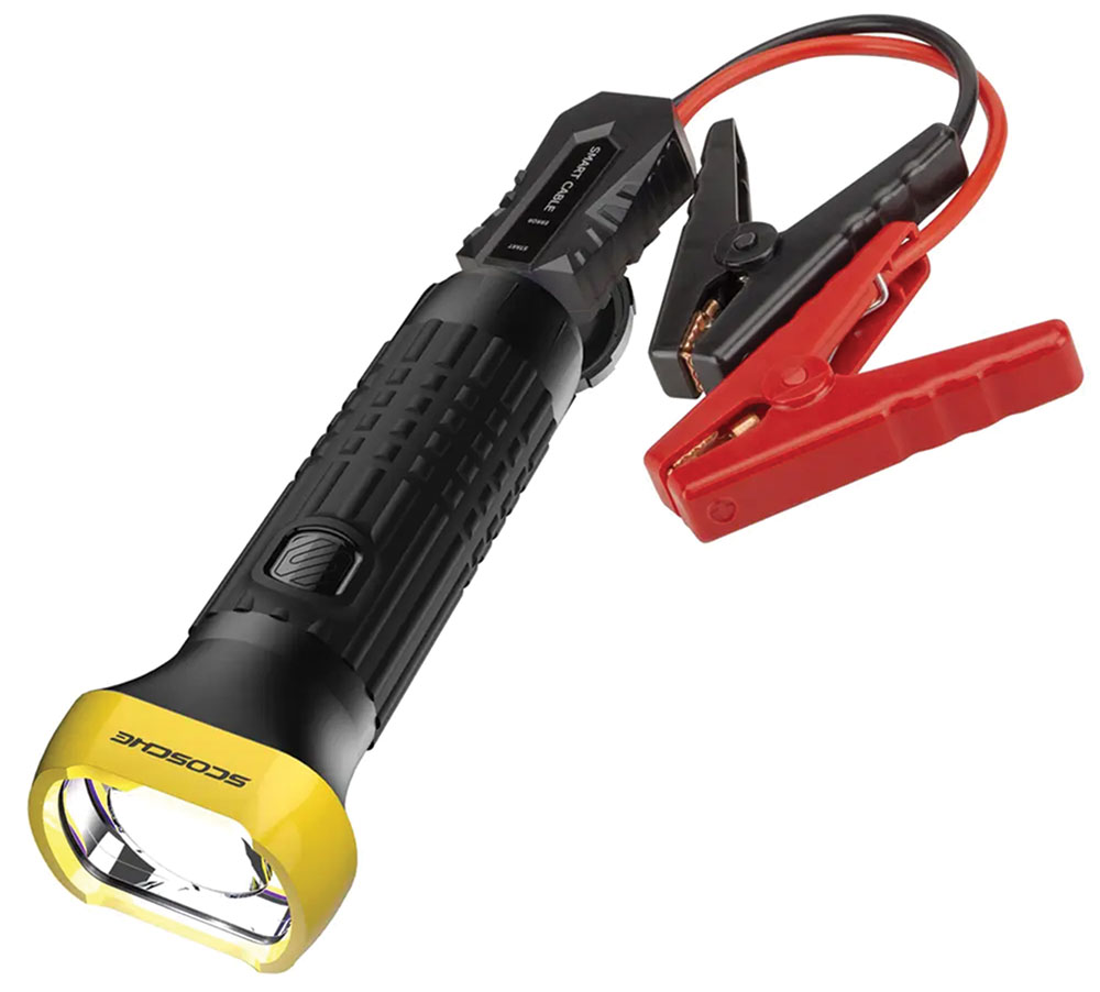 Combination accessory charger, jump starter, and flashlight.