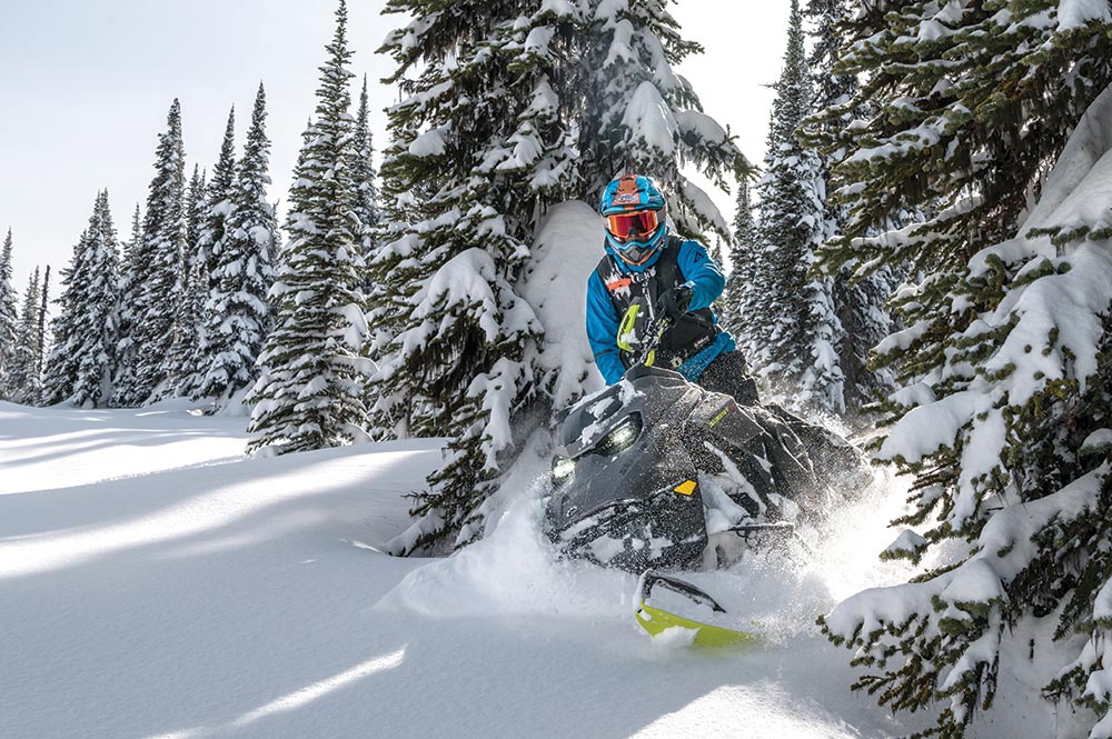 Rider goes through the trees on a snowmobile. 
