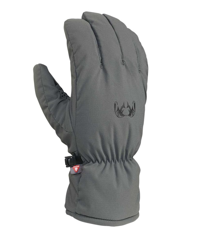 On a white background, one gray winter glove.