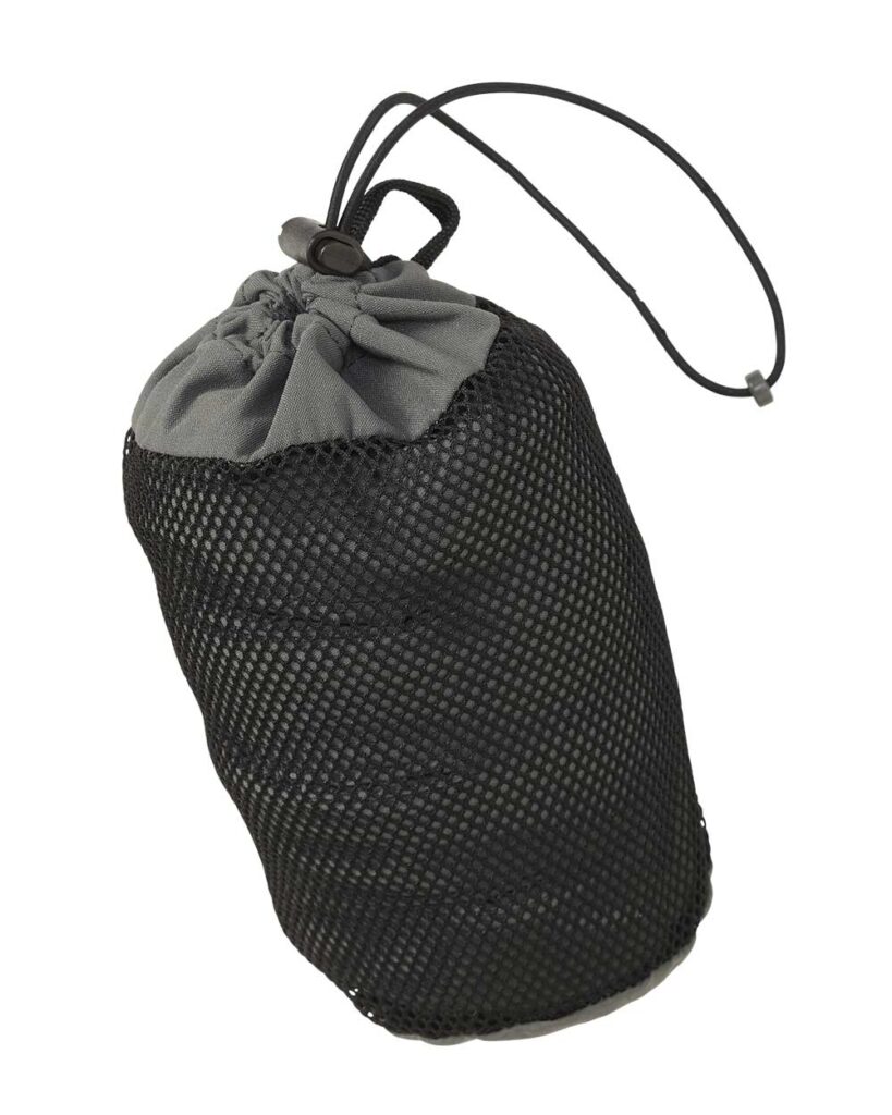On a white background, a gray fabric and black mesh drawstring carrying bag for the winter gloves.
