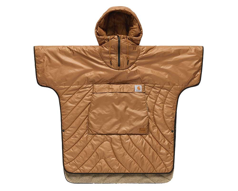 The brown Carhartt x Rumpl poncho is sherpa on the inside and coat material on the outside, on a white background.