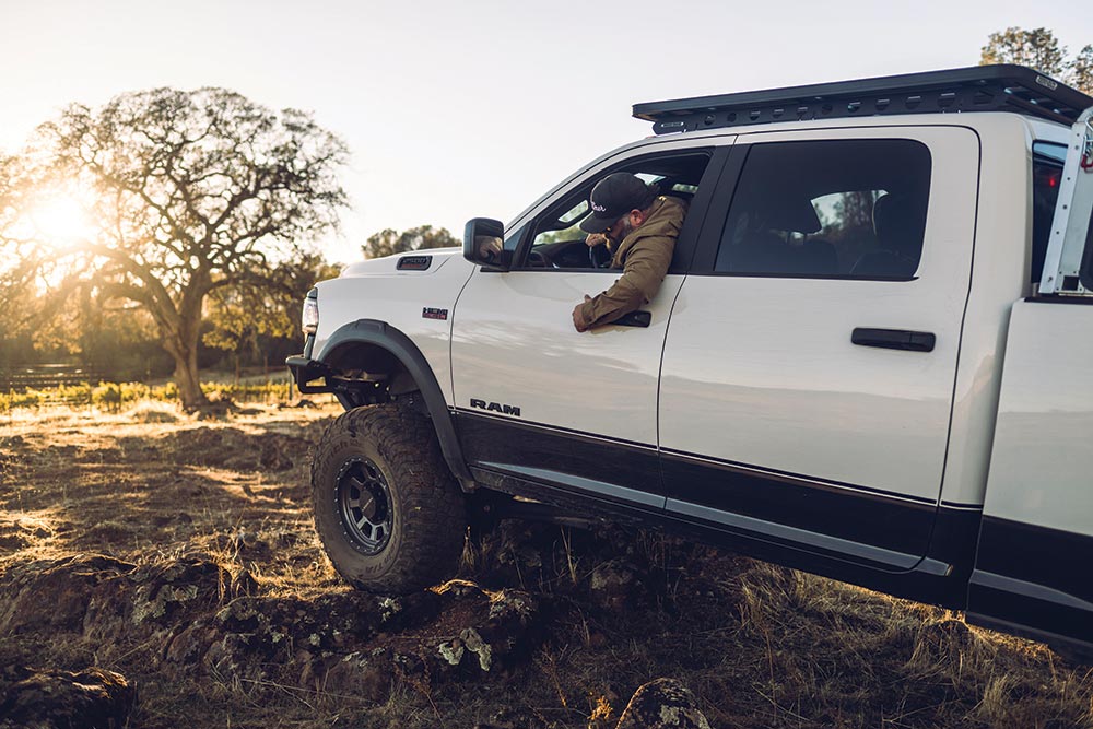 A Rhino Rack Backnoon roof rack helps haul extra cargo when on the road during filming.