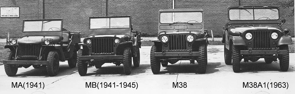 Four Jeeps lined up next to each other for size comparison, smallest to largest: MA (Built 1941), MB (1941-45), M38, and M38S (1963).