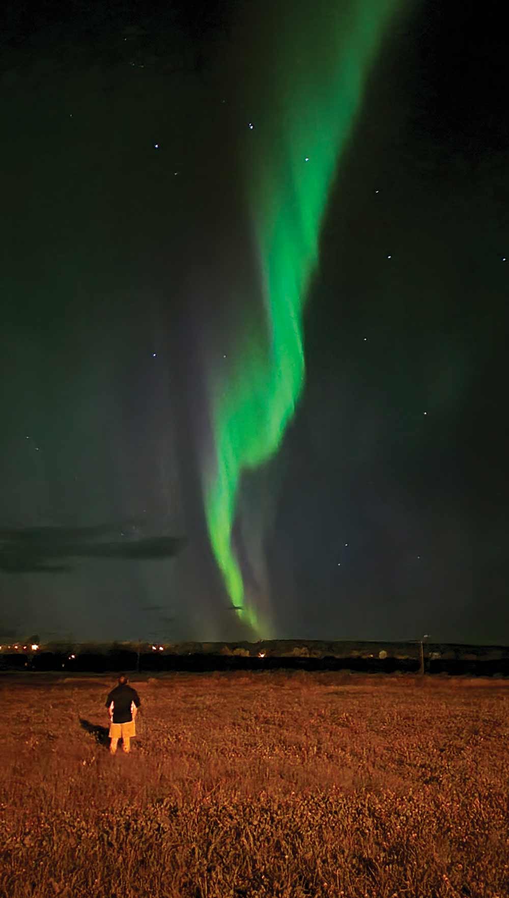 A rallier stands in a field looking up at the Northern Lights.