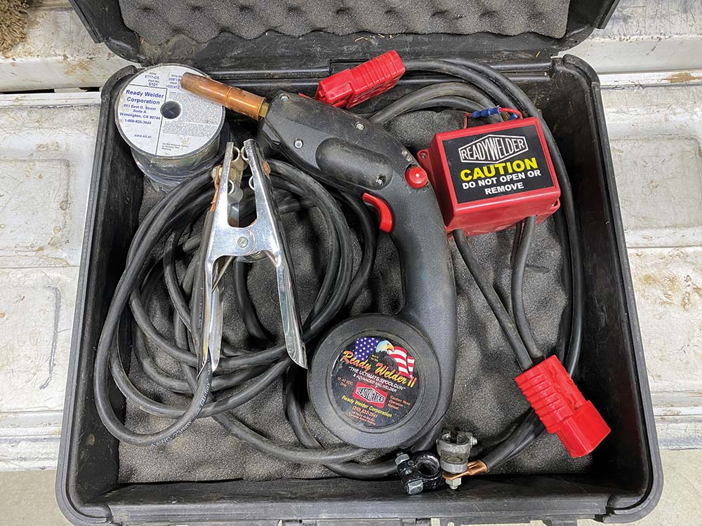 The Ready Welder flux-core wire feed kit includes the gun, ground cable, and Anderson plug connectors.