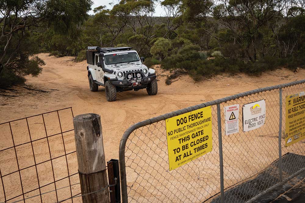 The Jeep Rubicon near the dog fence on Goog's Track