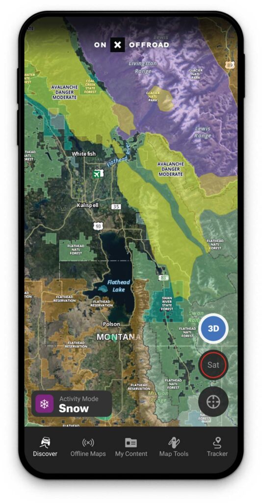 A phone screen displaying a winter storm map in the onX Offroad app.