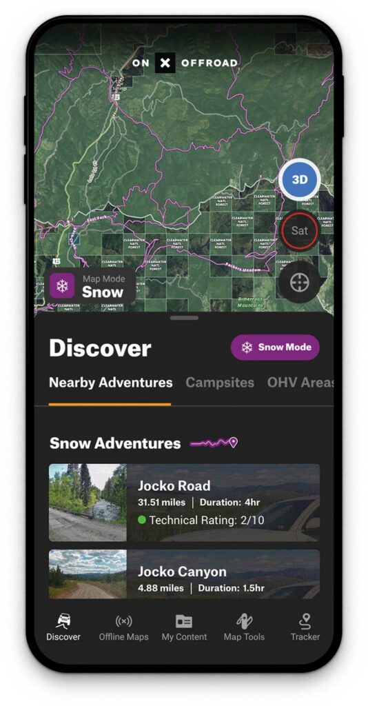 A phone screen displaying a map in the onX Offroad app.