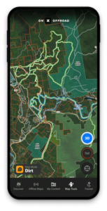 A phone with a map and trails indicated on the app 