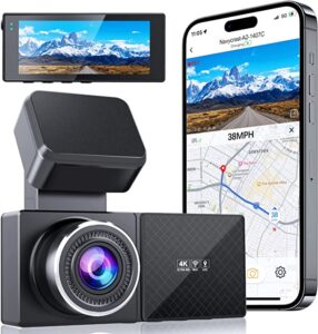 A black dash camera sends footage to an iPhone app with map function. 