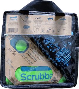 A clear bag with brown, blue, and green Scrubba last minute gift kit inside.