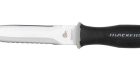 A fixed blade silver knife with black handle
