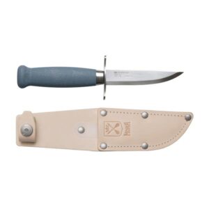 Knife with a beige leather case and blue handle on a white background