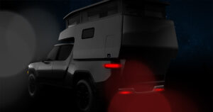 A graphic of a black EV truck on a black background with EarthCruiser slide-in camper deployed and red tail lights shining.