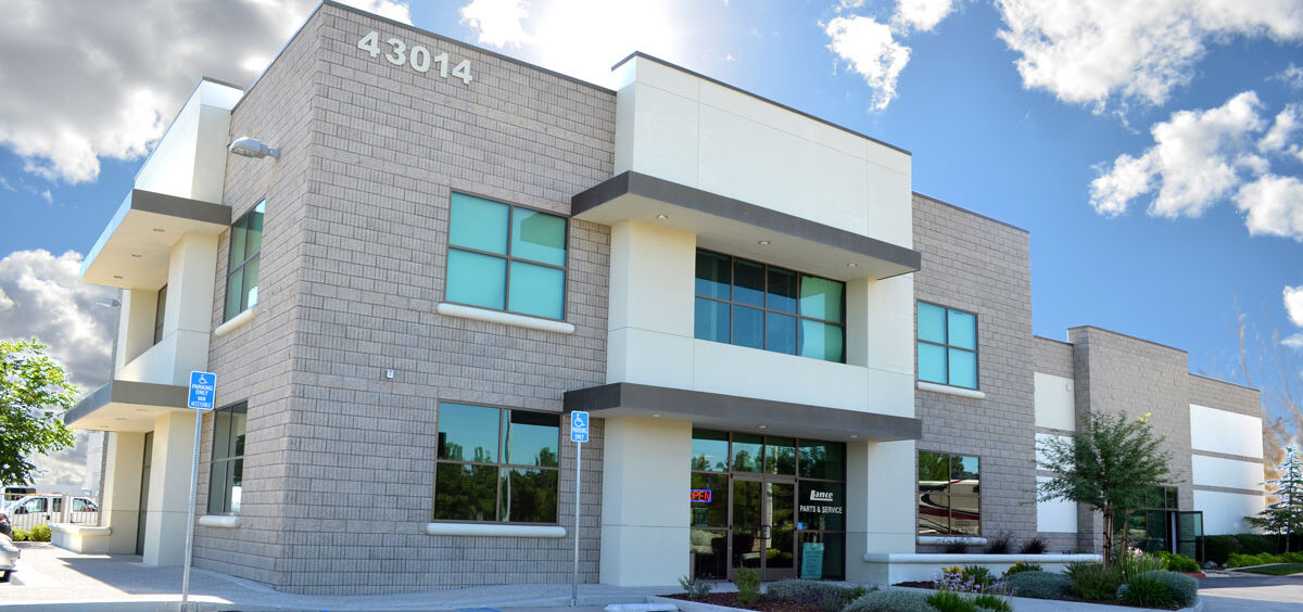 Lance Campers headquarters, a gray brick building, where the trailer will be produced.