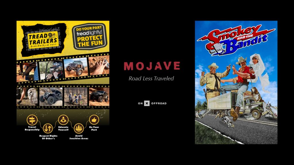 A black poster showing the yellow TREAD Trailers logo, Mojave Road Less Traveled, and Smokey and the Bandit advertisements.