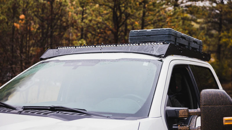 A closer look at the Sherpa Thunder roof rack from the driver's side of the Super Duty truck's windshield.