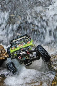 This RC is accessorized with a roof-mounted LED light bar