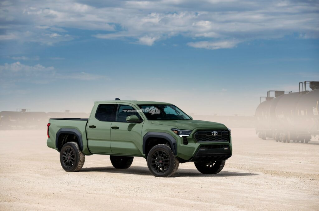 Rendering of the 2024 Tacoma in a forest green color.