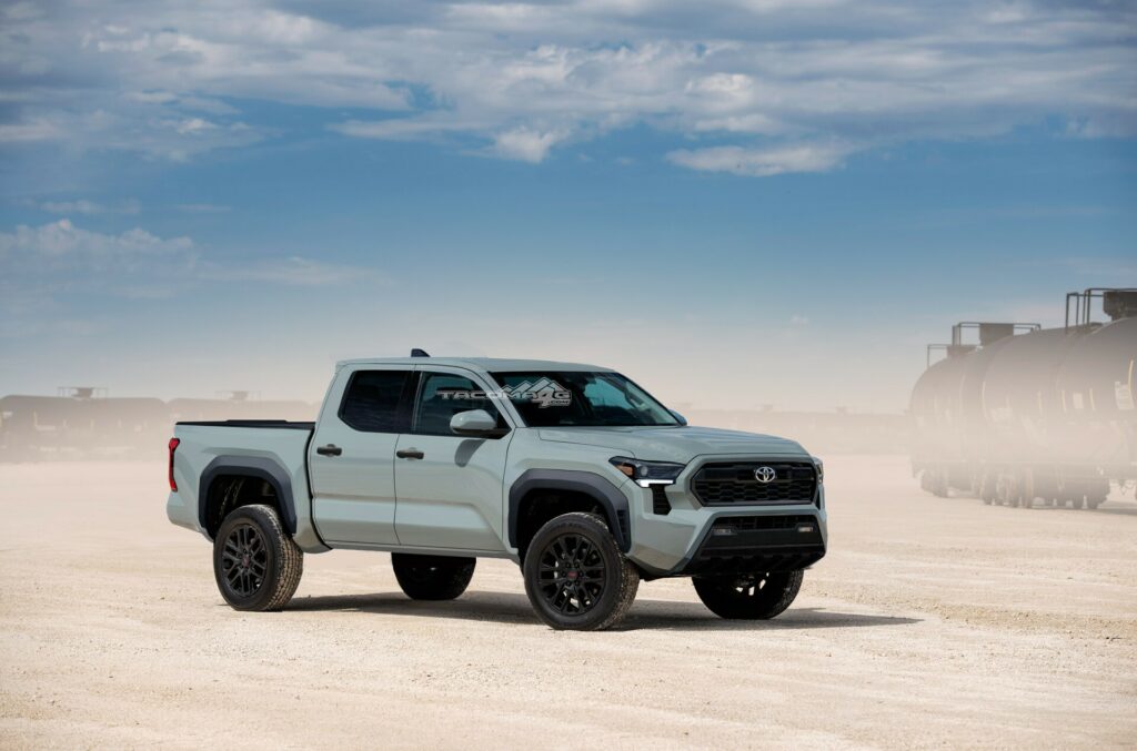 Rendering of the 2024 Tacoma in a gray color.