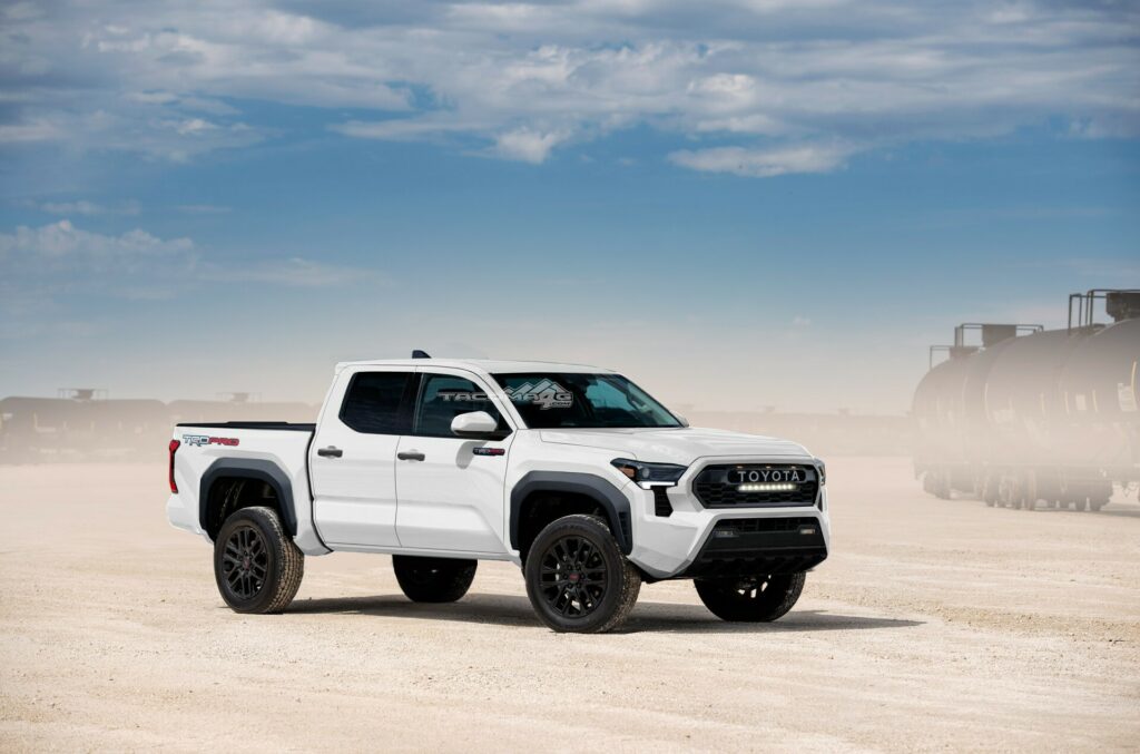 Rendering of the 2024 Tacoma in a white color.