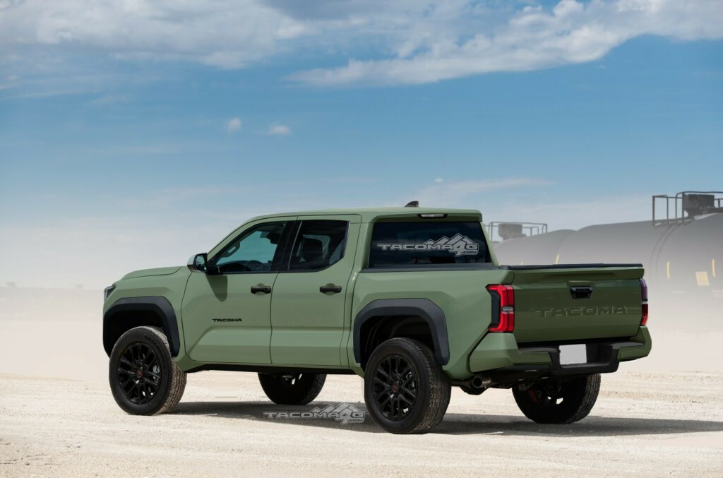 Rendering of the 2024 Tacoma in a forest green color.