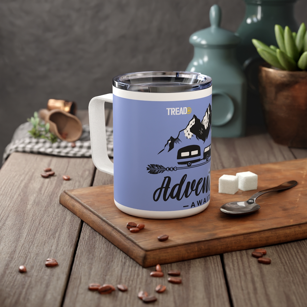 Tread Adventure Awaits camper trailer travel mug | Insulated Coffee Mug